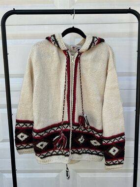 Folk art wool knit hooded sweater